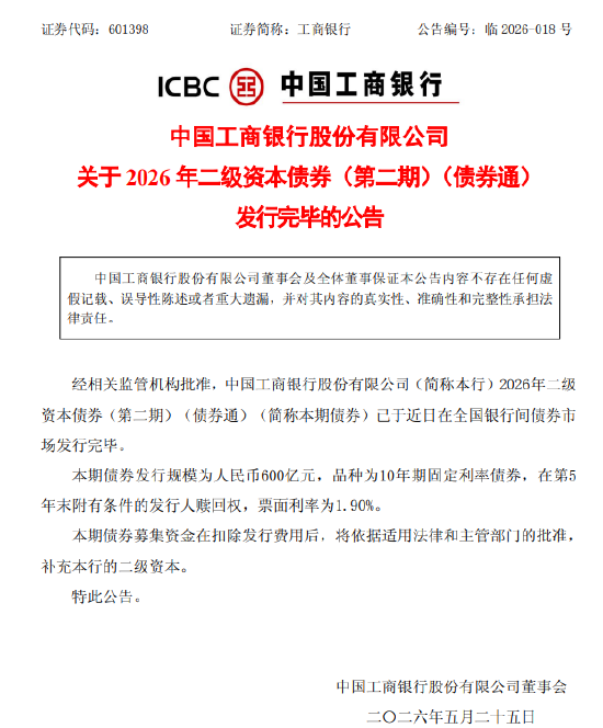 工商银行：600亿元二级资本债券发行完毕  第1张