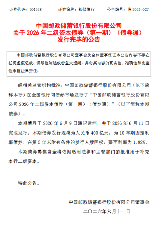 邮储银行：完成发行400亿元二级资本债券  第1张